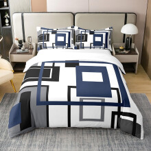 Homewish 100% Cotton Navy Blue Square Comforter Cover for Teen Boys Double Lack White Grey Geometric Duvet Cover Striped Bedding Set for Kids