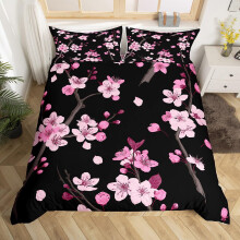 Homewish Pink Cherry Blossoms Duvet Cover Double Sakura Flower Bedding Set, Black and Pink Comforter Cover Japanese Style Bed Set