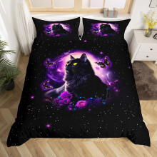 feelingyou Purple Galaxy Duvet Cover Double Size,Fantasy Starry Sky Comforter Cover for Adults Kids Bedroom Decor,Cute Cat Butterfly Animal