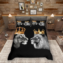 Wild Lion Duvet Cover King Size,Gold King and Queen Crown Print Comforter Cover for Adults Kids Bedroom Decor,Tropical African Animal Black