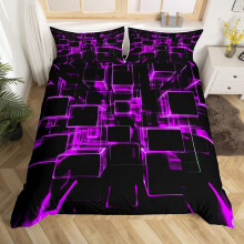 Homewish Fluorescent Purple And Black Kids Duvet Cover, Modern Geometric Square Bedding Sets Colorful Gradient Neon Light Honeycomb Bed Cover King 3