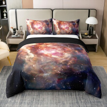 richhome Glitter Red Galaxy 100% Cotton Duvet Cover King Size Universe Cloud Galaxy Bedding Set Outer Space Comforter Cover Set Space Outer Sky