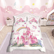 Homemissing Girls Cute Unicorn Duvet Cover Set King Size For Kids Boys Girls Fairy Castle Bedding Set Magical Unicorn Duvet Cover with 2 Pillowcases