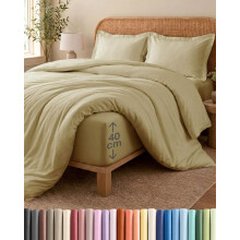4 Piece Super King Beige Duvet Cover Set - Duvet Cover & Fitted Sheet, 2 Pillowcases - 260x220cm + 150x200cm 40cm / 16" - Brushed Microfibre - Soft