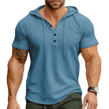 Mens Henley Neck Hooded Drawstring Button Short Sleeve Muscle Fit T-Shirt Soft Workout Top XXL