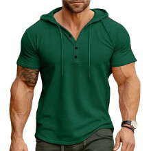 Heren Henley Hals Hoodie met Trekkoord, Knopen, Korte Mouwen, Spierafsluitende T-Shirt, Zachte Workout Top Groen L