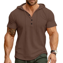 Heren Henley Hals Hoodie met Trekkoord, Knopen, Korte Mouwen, Spierafsluitende T-Shirt, Zachte Workout Top Bruin XXL