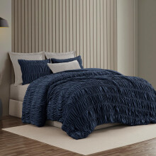 Wonderful Luxury Ruched Velvet King Size Navy Quilt Set, Handcrafted Quilted 3 Piece Ruffle Crinkle Striped Reversible, Cotton-Like Feel
