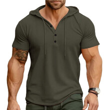 Heren Henley Hals Hoodie met Trekkoord, Knopen, Korte Mouwen, Spierafsluitende T-Shirt, Zachte Workout Top Legergroen XXXL