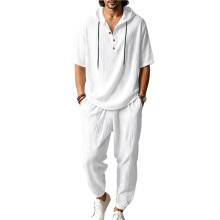 Men'S 2 Pieces Linen Set Long Sleeve Henley Shirts Casual Beach Pants with Pockets Summer Outfits White XL