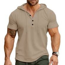 Heren Henley Hals Hoodie met Trekkoord, Knopen, Korte Mouwen, Spierafsluitende T-Shirt, Zachte Workout Top Kaki XXXL
