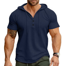 Heren Henley Hals Hoodie met Trekkoord, Knopen, Korte Mouwen, Spierafsluitende T-Shirt, Zachte Workout Top Koninklijk Blauw XXXL