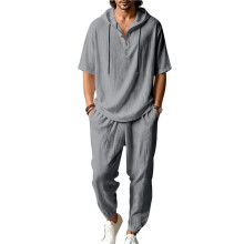 Men'S 2 Pieces Linen Set Long Sleeve Henley Shirts Casual Beach Pants with Pockets Summer Outfits Dark Gray XL