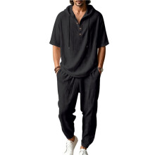 Men'S 2 Pieces Linen Set Long Sleeve Henley Shirts Casual Beach Pants with Pockets Summer Outfits Black M