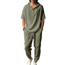 Men'S 2 Pieces Linen Set Long Sleeve Henley Shirts Casual Beach Pants with Pockets Summer Outfits Army Green S