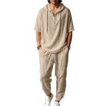 Men'S 2 Pieces Linen Set Long Sleeve Henley Shirts Casual Beach Pants with Pockets Summer Outfits Light Khaki M