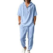 Men'S 2 Pieces Linen Set Long Sleeve Henley Shirts Casual Beach Pants with Pockets Summer Outfits Light L