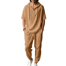 Men'S 2 Pieces Linen Set Long Sleeve Henley Shirts Casual Beach Pants with Pockets Summer Outfits Earth Yellow S