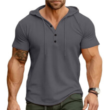 Heren Henley Hals Hoodie met Trekkoord, Knopen, Korte Mouwen, Spierafsluitende T-Shirt, Zachte Workout Top Donkergrijs S