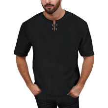 Heren Waffle Knit Henley Neck Vetersluiting Korte Mouw T-Shirt Zwart M