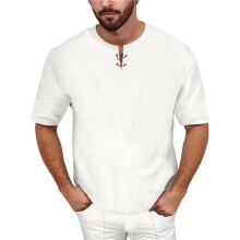 Heren Waffle Knit Henley Neck Vetersluiting Korte Mouw T-Shirt Wit XL
