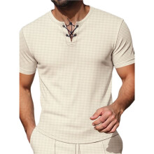 Heren Waffle Knit Henley Neck Vetersluiting Korte Mouw T-Shirt Kaki XXL