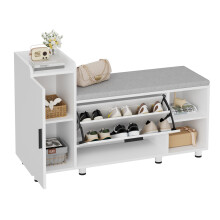 BonVache Shoe Storage Bench with Cushion, White Shoe Bench 105cm Lounge with 2 Shelves and 4 Compartments, Hallway Storage Unit with Seat, Living Room