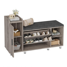 BonVache Shoe Storage Bench with Cushion, Grey Shoe Bench 105cm Lounge with 2 Shelves and 4 Compartments, Hallway Storage Unit with Seat, Living Room