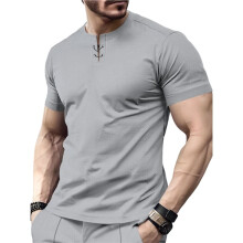 Heren Waffle Knit Henley Neck Vetersluiting Korte Mouw T-Shirt Grijs XXL