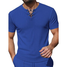 Heren Waffle Knit Henley Neck Vetersluiting Korte Mouw T-Shirt Koninklijk Blauw XL