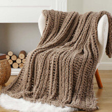 Battilo Chunky Knit Blanket Throw, 125x150cm Handmade Knitted Throw Blanket, Soft Thick Chenille Yarn Crochet Blankets Taupe Tan Throws for Sofa Bed