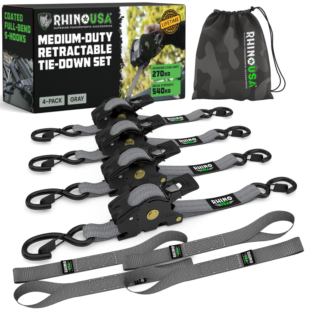 Rhino Usa Retractable Ratchet Straps (4-Pack) - 2.5Cm X 3M (540Kg Break Strength) - Medium Duty Auto Self-Retracting Tie Down Straps For Truck 5051227929372