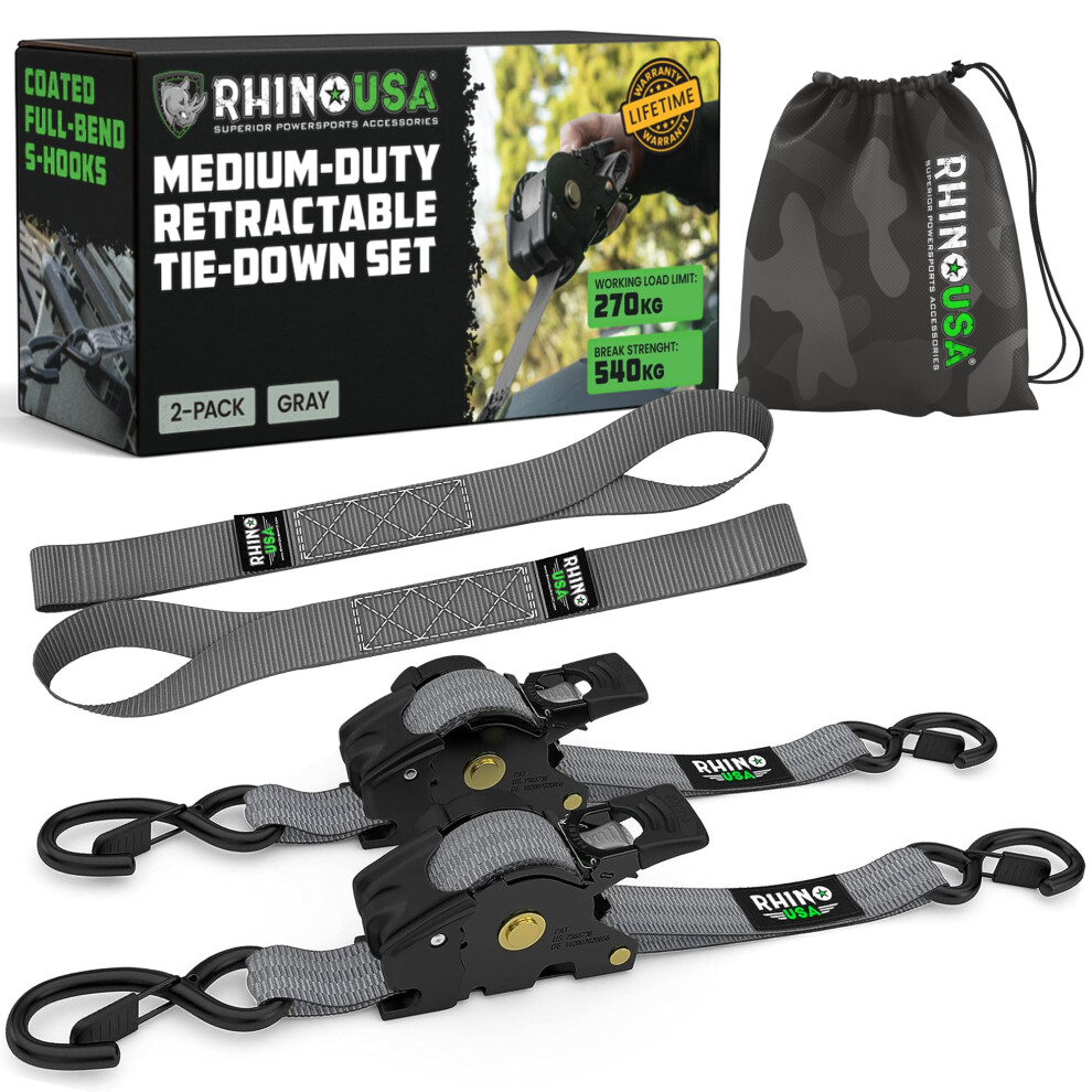Rhino Usa Retractable Ratchet Straps (2-Pack) - 2.5Cm X 3M (540Kg Break Strength) - Heavy Duty Auto Self-Retracting Tie Down Straps For Truck 5051227929303