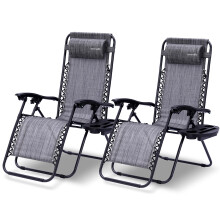 SereneLife Zero Gravity Lounge Chair - Set of 2 Adjustable Recliners with Removable Padded Headrest Pillows, Cup Holders, Breathable Mesh Fabric