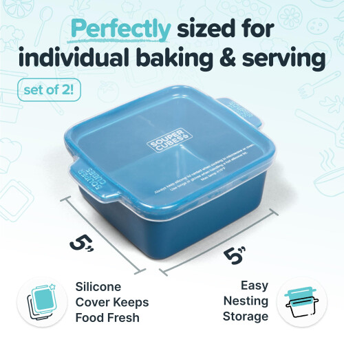 Souper Cubes 5" x 5" Ceramic Dishes With Silicone Lids – Blueberry - 2-Pack 1