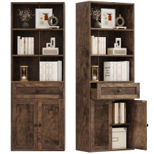 Coleshome 5-Tier Bookcase with Doors and Cabinet, Bookshelf Floor Standing Display Storage Shelf, Tall Bookcase with drawers for Home, Office