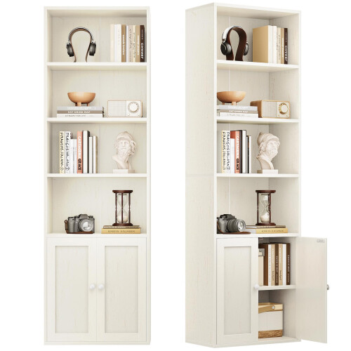 Coleshome 6-Tier Bookcase With Doors, Storage Cabinet, 176.4 cm, White