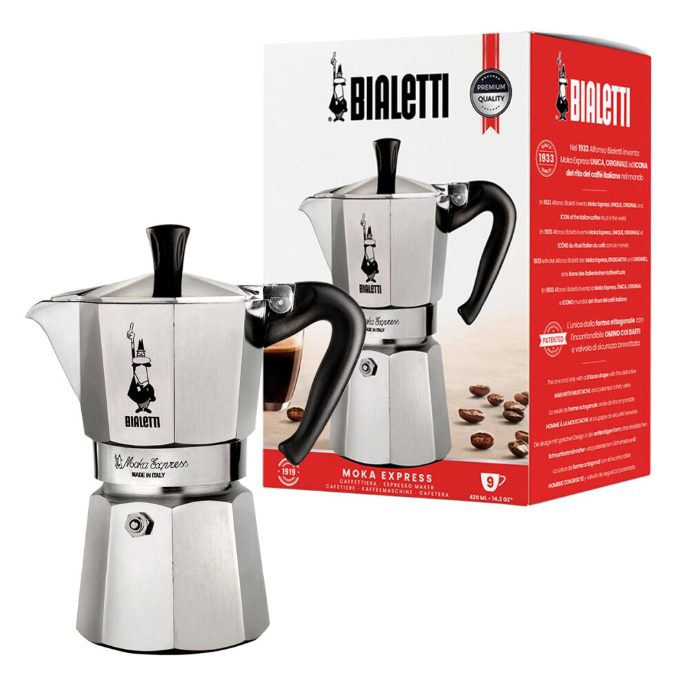 Bialetti Moka Express Aluminium Stovetop Coffee Maker (9 Cup), 420Ml, Silver.