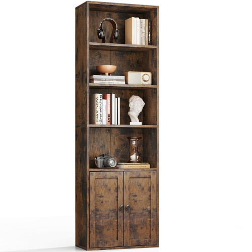 Coleshome 6-Tier Bookcase With Doors, Storage Cabinet, 176.4 cm, Brown 1