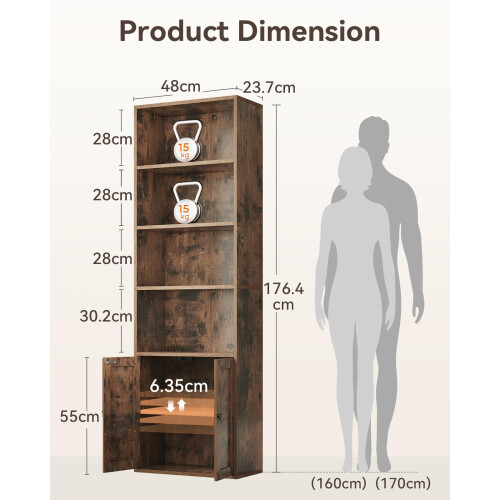 Coleshome 6-Tier Bookcase With Doors, Storage Cabinet, 176.4 cm, Brown 2