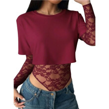 Women'S Lace Patchwork Tops Bodysuit Long Sleeve Crewneck Mesh Sheer Crop Going Out Party T-Shirts Wine Red S