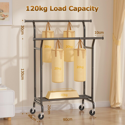 EAGMAK Double Clothes Rail on Wheels Load 120 KG, with Storage Shelf, Black 1