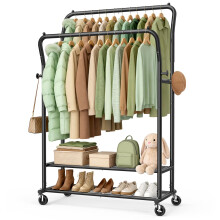 EAGMAK Heavy Duty Clothes Rail Load 378 kg, Double Rods Clothing Rails on Wheels, Height Adjustable Hanging Rack with Shelves & Coat Hooks