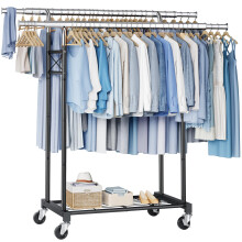 FAVOOSTY Heavy Duty Clothes Rail Doule Rods Clothes Rack with Storage Shelves Extendable Hanging Rails for Clothes for Bedroom Laundry Living Room