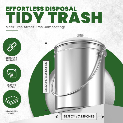 Premium Quality Stainless Steel Compost Bin 1.3 Gallon, Includes Charcoal Filter - Utopia Kitchen 1