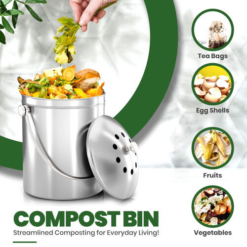Premium Quality Stainless Steel Compost Bin 1.3 Gallon, Includes Charcoal Filter - Utopia Kitchen 2