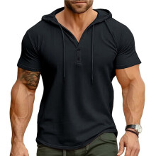 Mens Henley Neck Hooded Drawstring Button Short Sleeve Muscle Fit T-Shirt Soft Workout Top Black XL