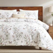 Herside Vintage Floral Duvet Cover Set 100% Cotton Bedding Set King Green Leaf Flower Butterfly Design French Country Bedding 3 Pcs Ultra Soft &