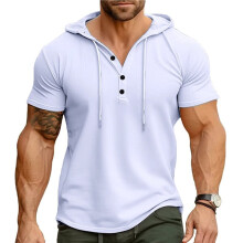 Mens Henley Neck Hooded Drawstring Button Short Sleeve Muscle Fit T-Shirt Soft Workout Top White S