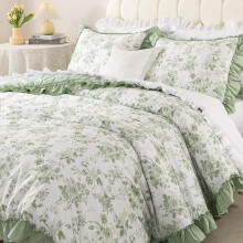USTIDE Vintage Floral Duvet Cover Set Super King, Sage Green Botanical Toile Printed Bedding, Ruffled Edge 100% Cotton Comfortable Bedroom Decor